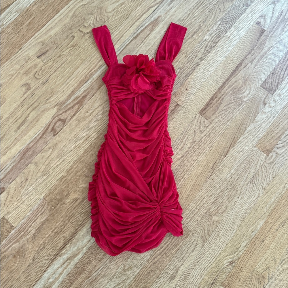 Sexy red ruched dress mini dress with floral pin and cutout near bust